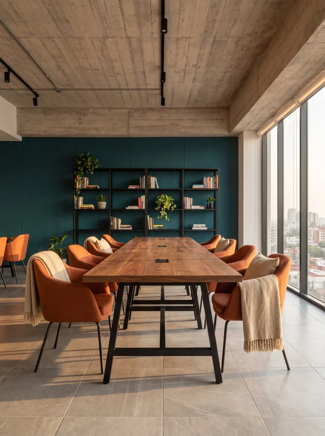 Coworking con mesa larga de madera, sillas terracota y muro teal con libreros