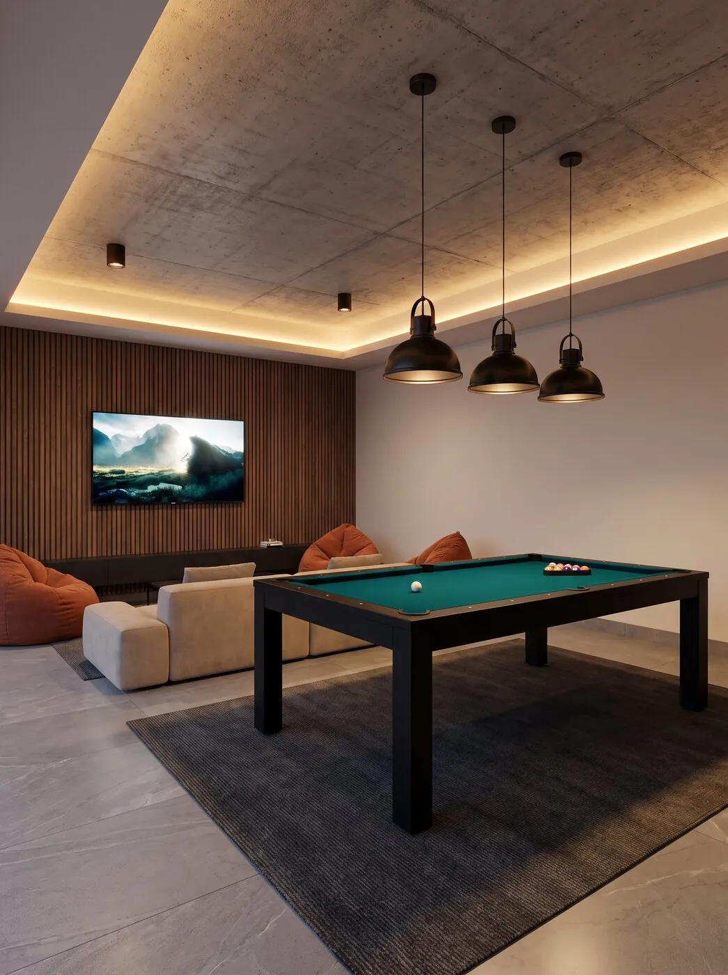 Sala de juegos con mesa de billar, lámparas colgantes y pantalla sobre muro de madera