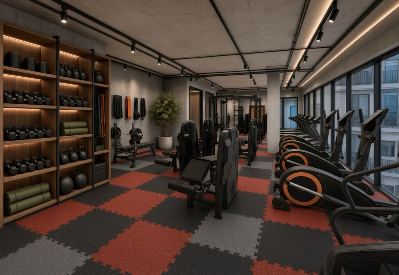 Gimnasio con piso de caucho rojo y negro, máquinas elípticas y estantería con pesas