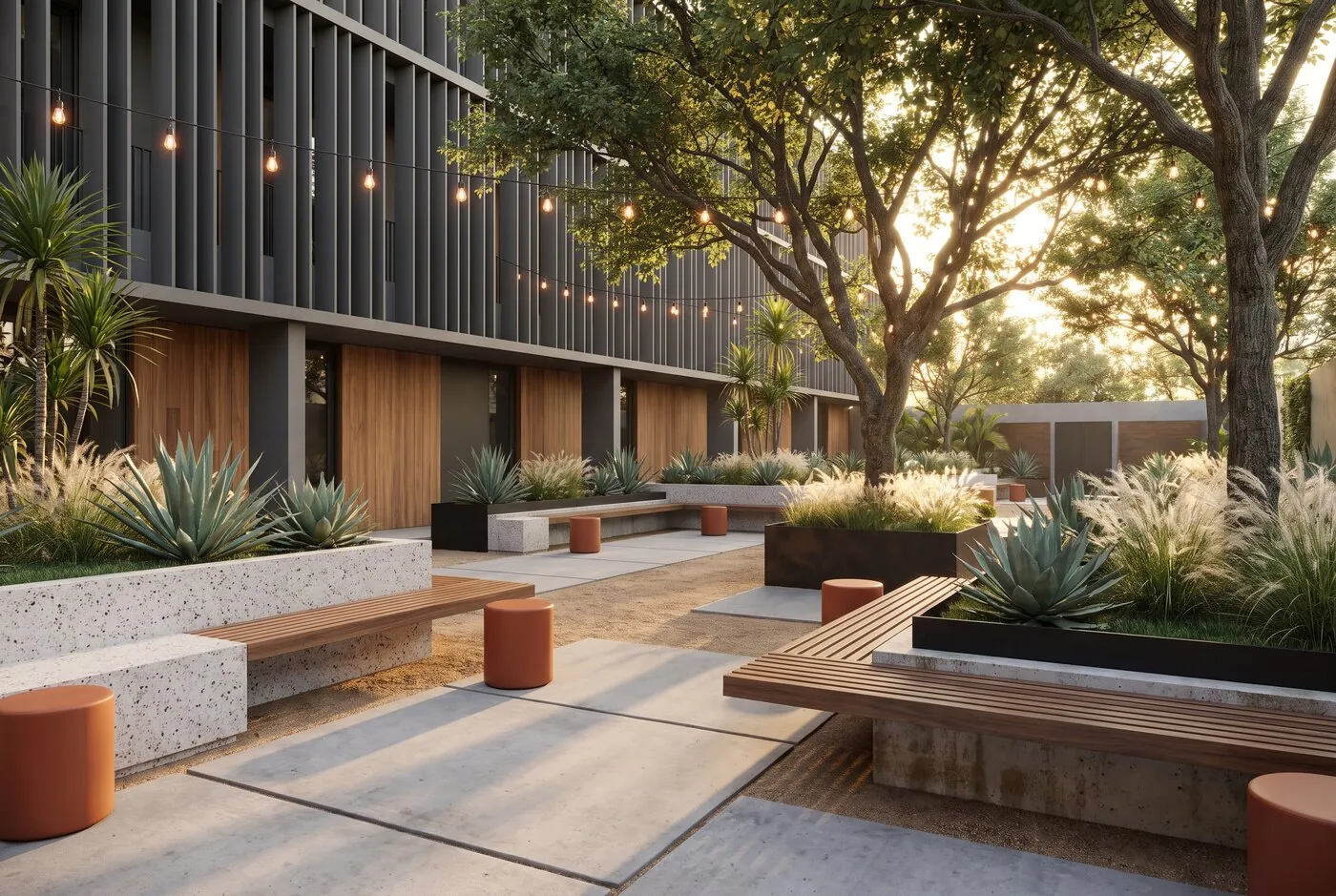 Jardín social con árbol, agaves y bancas de madera y concreto junto a la fachada