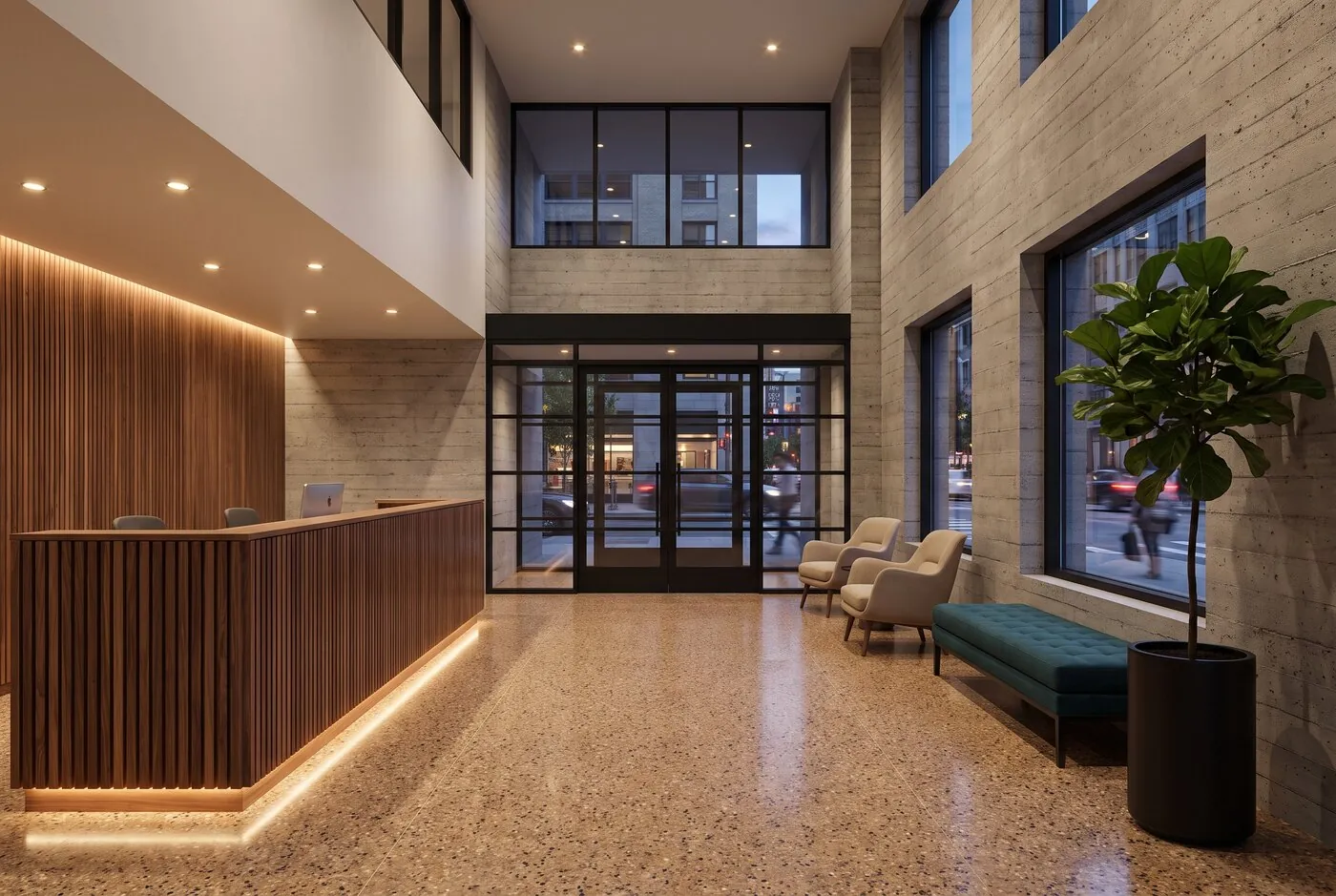 Lobby a doble altura con recepción de madera iluminada y piso de terrazo