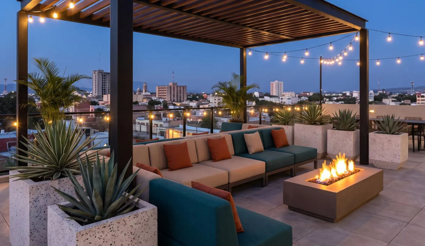 Terraza en la azotea con pérgola, sillones teal y terracota, fogatero y luces colgantes, con la ciudad de fondo al anochecer