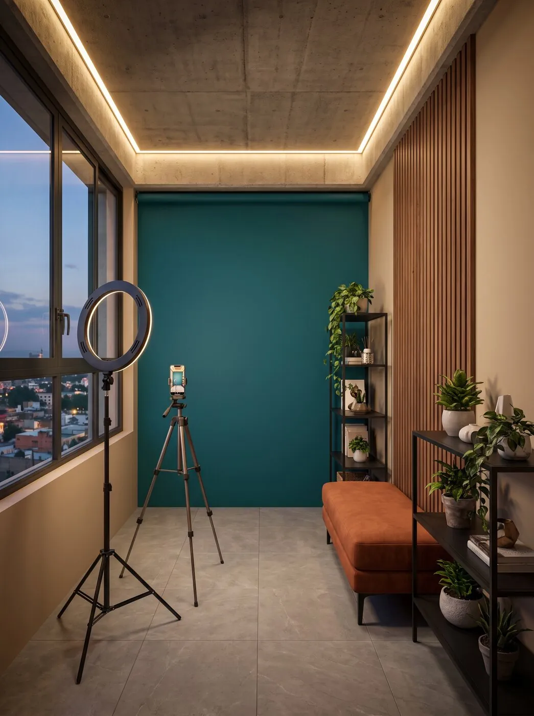 Sala de grabación con fondo teal, aro de luz sobre tripié y banca terracota