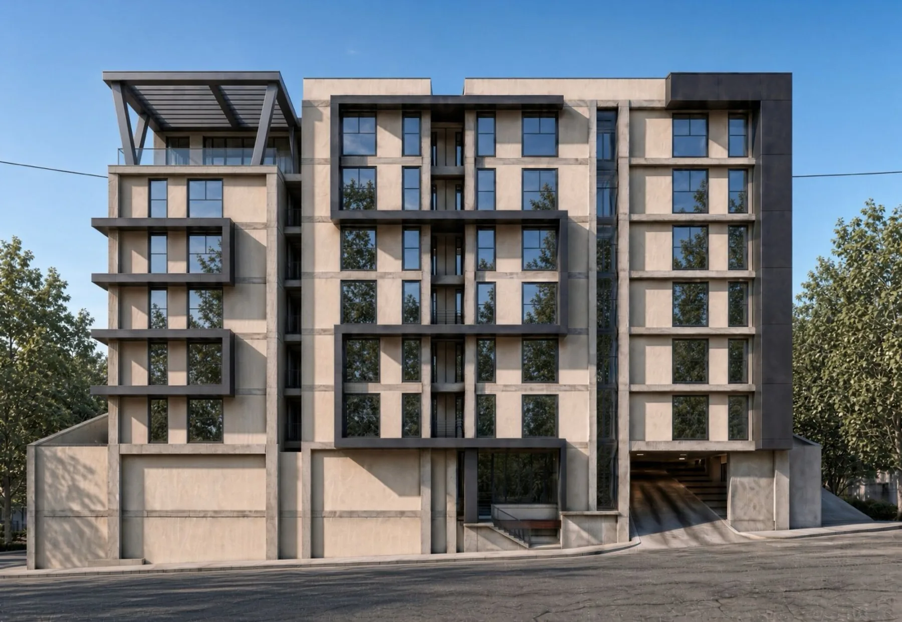 Render oficial de la fachada de GUIZMO Torre Urbana: siete niveles, rooftop con pérgola y acceso a nivel de calle