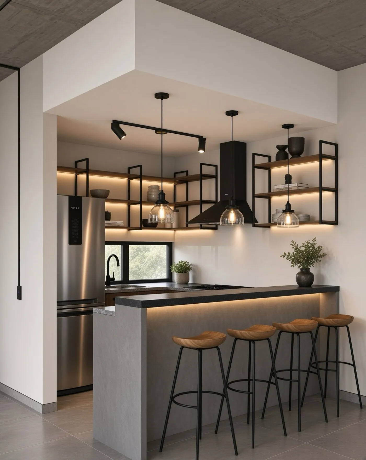 Cocina con barra, bancos altos y repisas de herrería iluminadas