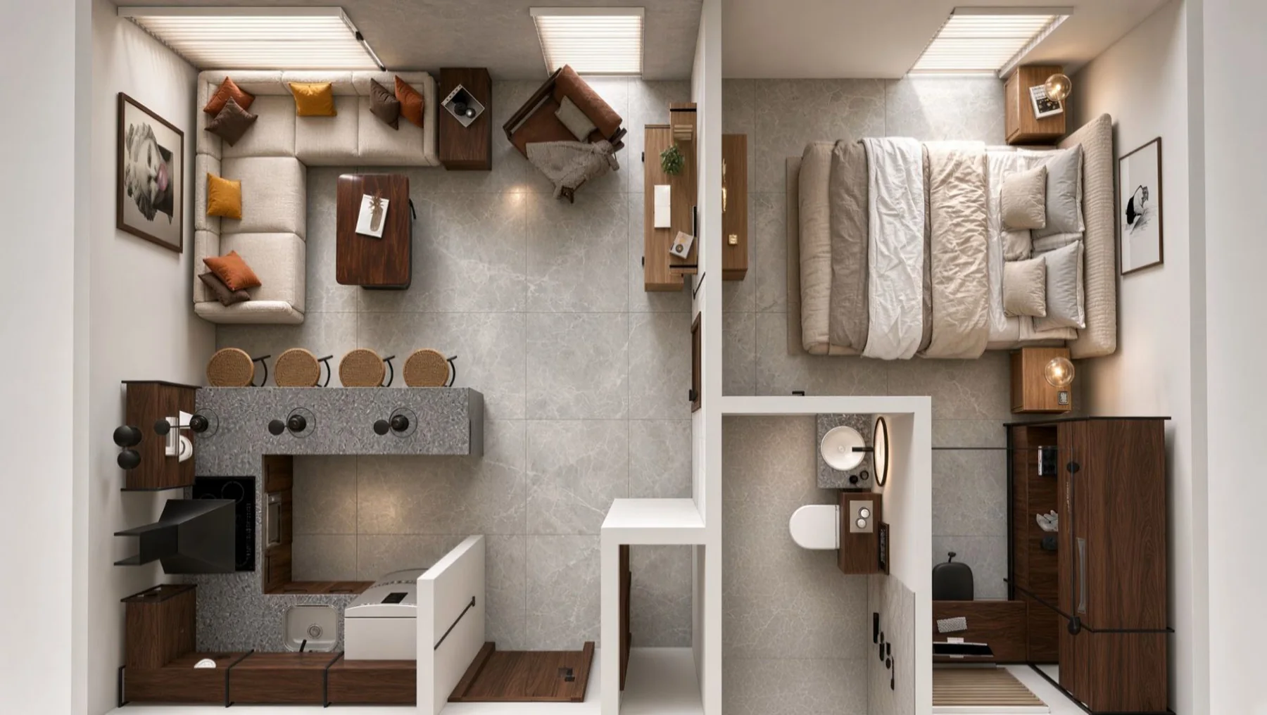 Planta amueblada vista desde arriba de una unidad lock-off: sala, cocina con barra, recámara y baño