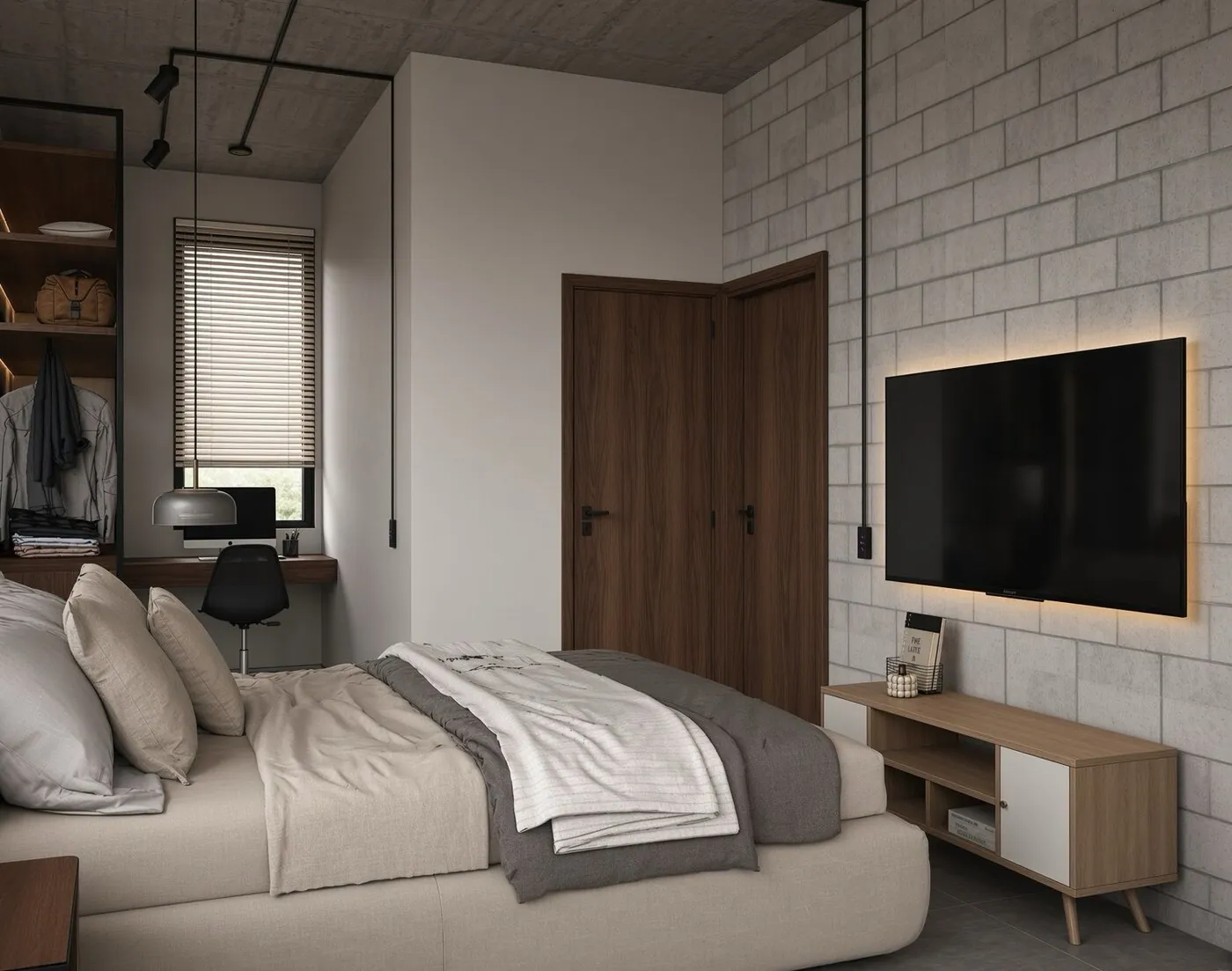 Recámara con cama matrimonial, escritorio junto a la ventana y pantalla en el muro