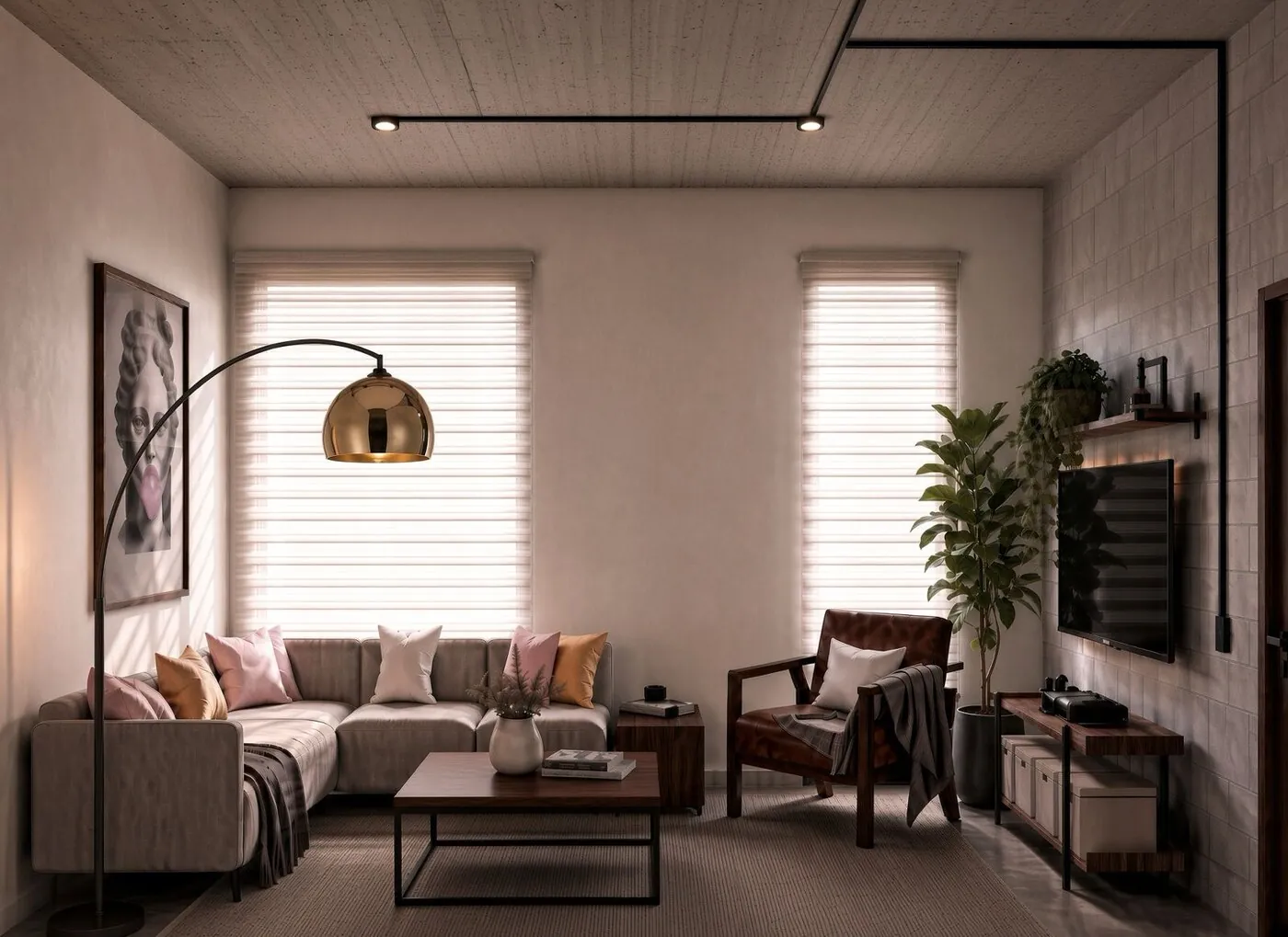 Sala con sofá esquinero, sillón de piel y lámpara de arco
